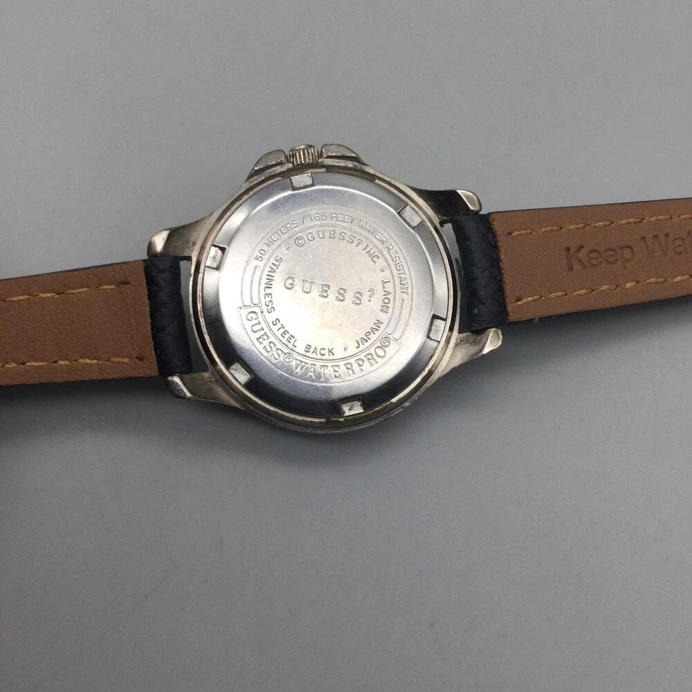 Guess Waterpro Womens Watch 28mm Blue Dial Black Leather 50M New Battery
